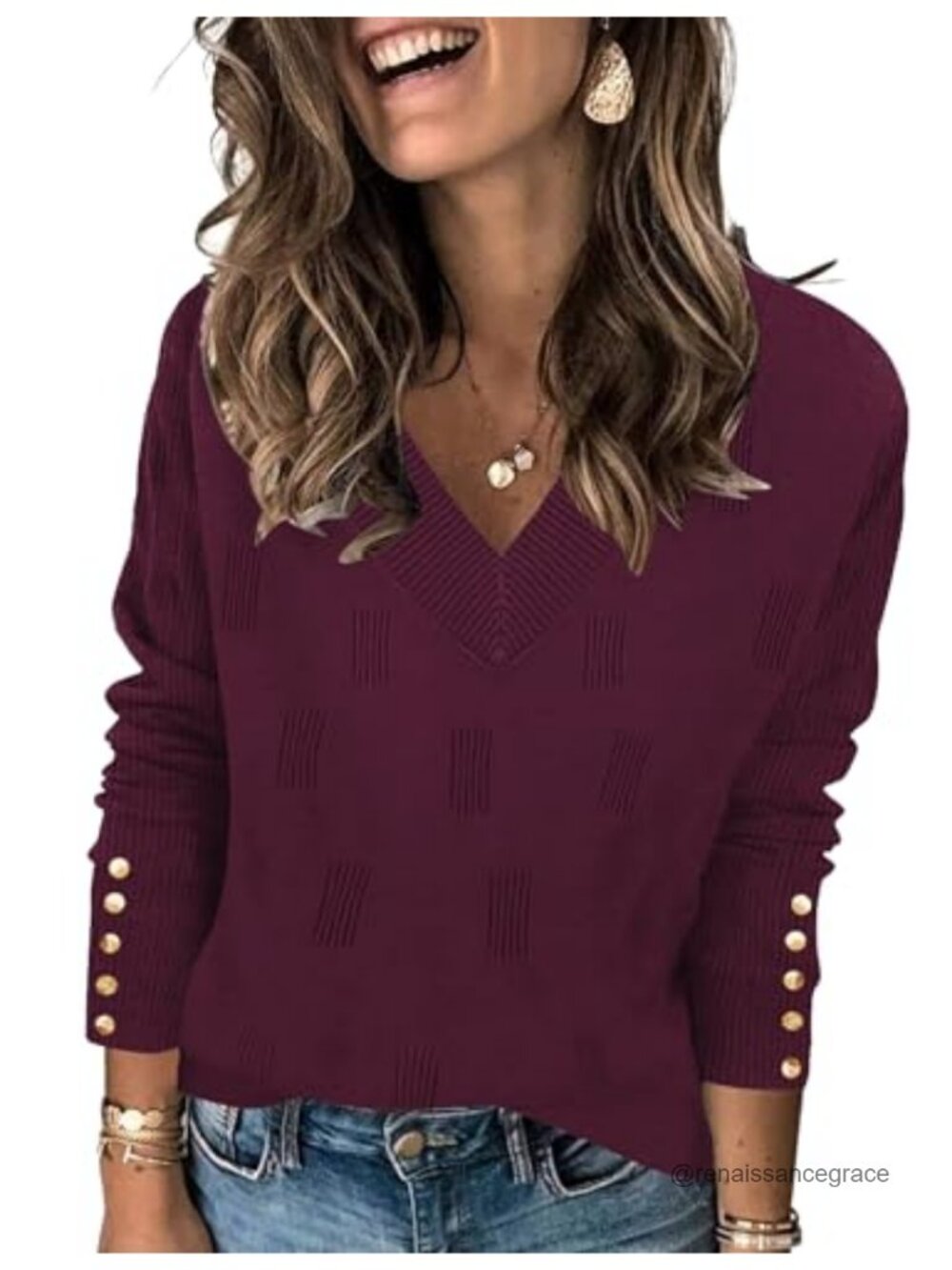 Womens V Neck Sweater Long Sleeve Lightweight Knit Pullover Top